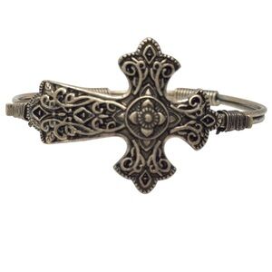 Ornate Swirl Gold Tone Sideways Cross Hook Bangle Bracelet
